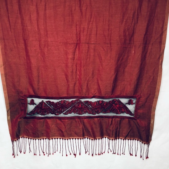 D&C Scarf Red Beige Embroidered Silky 27”X 70” - Picture 2 of 14
